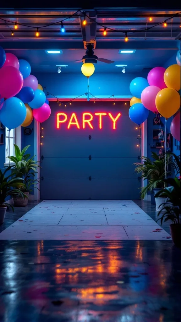 A colorful party setup in a garage with balloons and a neon 'PARTY' sign.