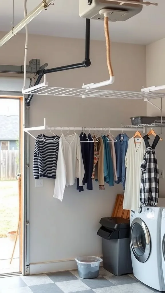 A garage laundry room featuring a pull-down drying rack with clothes hanging on it.