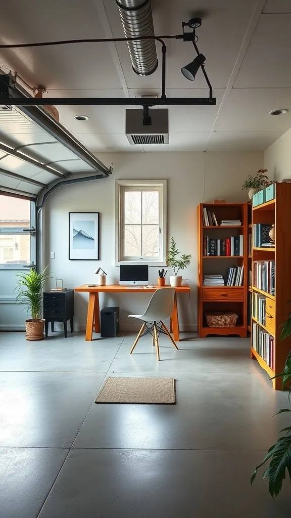 A stylish home office setup in a converted garage, featuring a wooden desk, bookshelves, and plants.