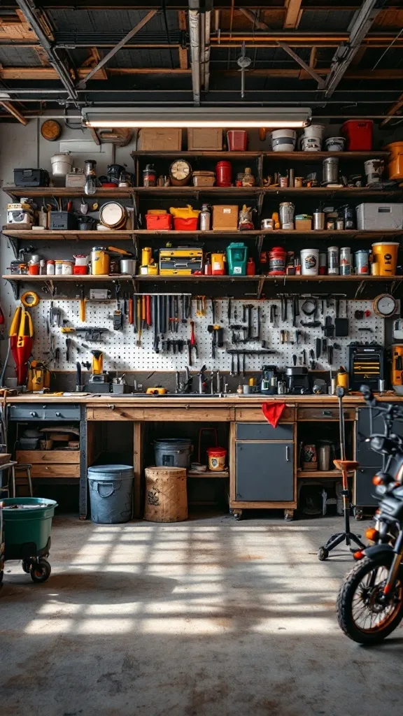 A well-organized home workshop featuring tools and a workbench in a garage setting.