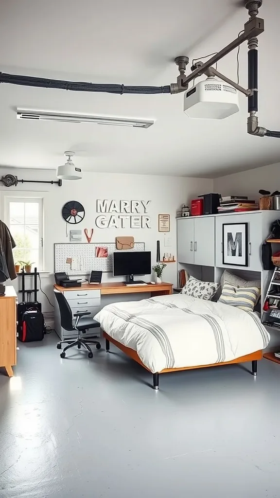 A garage bedroom with a workspace, featuring a bed and desk in a modern setting.