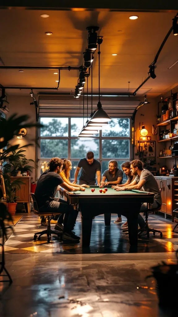 A cozy game room with friends gathered around a pool table, enjoying a lively game.