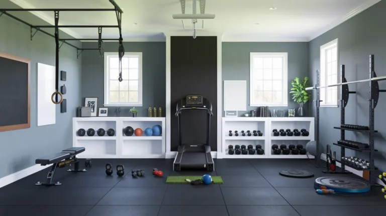 garage gym, treadmill, weights, shelves with weights, and windows