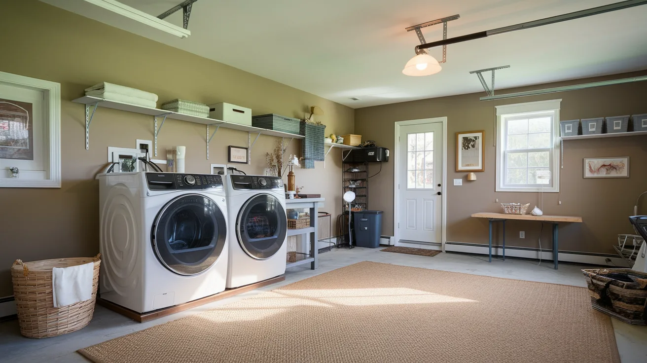 A garage laundry room with a large washing machine and dryer. The walls are painted beige and have a few shelves. There's a laundry basket near the washing machine. The floor is covered with a beige rug. There's a small table near the dryer and a lamp hanging from the ceiling. The room has a window and a door.