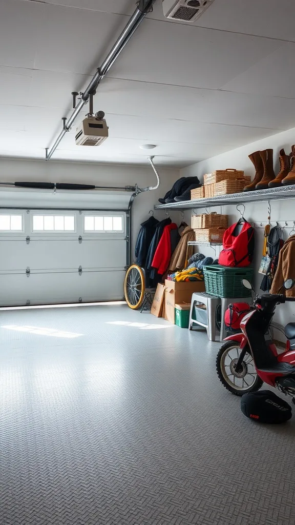 A modern garage with organized storage, showcasing a clean floor and warm lighting.