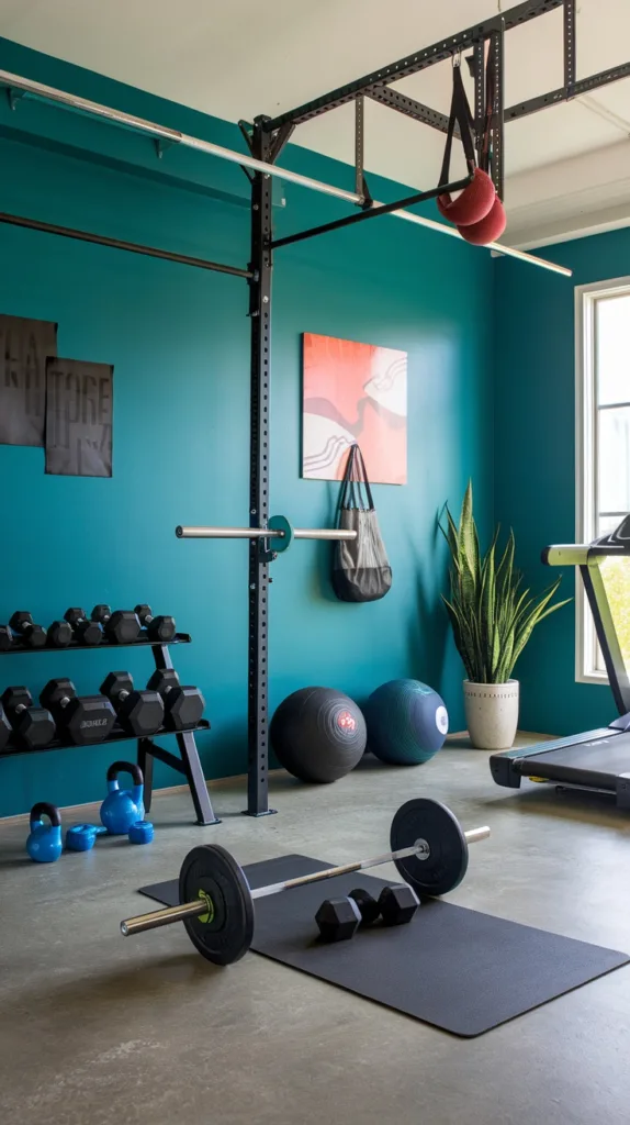 garage gym with teal wall