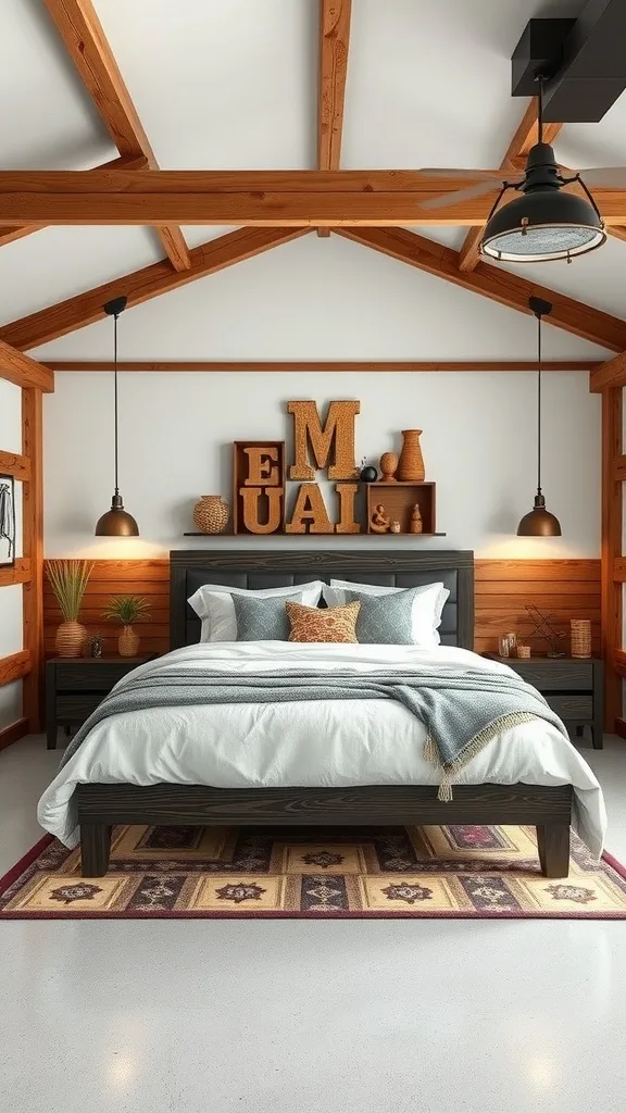 A modern garage bedroom featuring wooden beams, a cozy bed with white linens, and unique wall decor