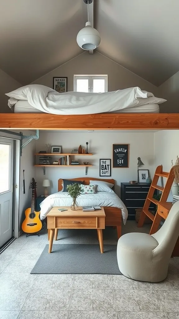 Cozy loft bedroom with a lofted bed and wooden furniture in a garage space