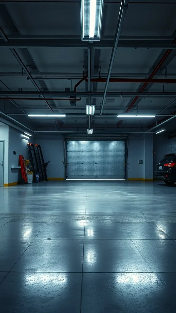 A modern garage with bright LED lighting and a clean floor.