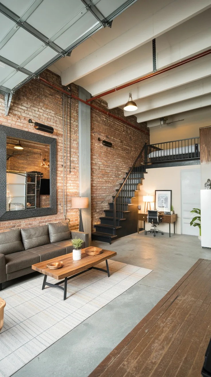 Interior of a garage loft apartment featuring exposed brick walls, a brown sofa, a coffee table, and a staircase.