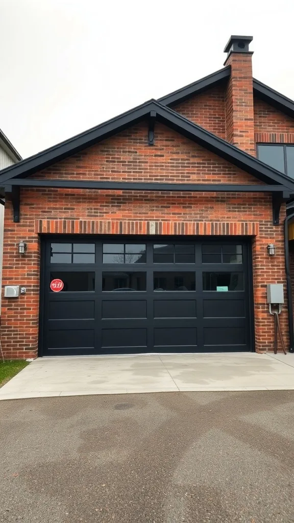 A brick garage with a black door, showcasing an industrial loft aesthetic.