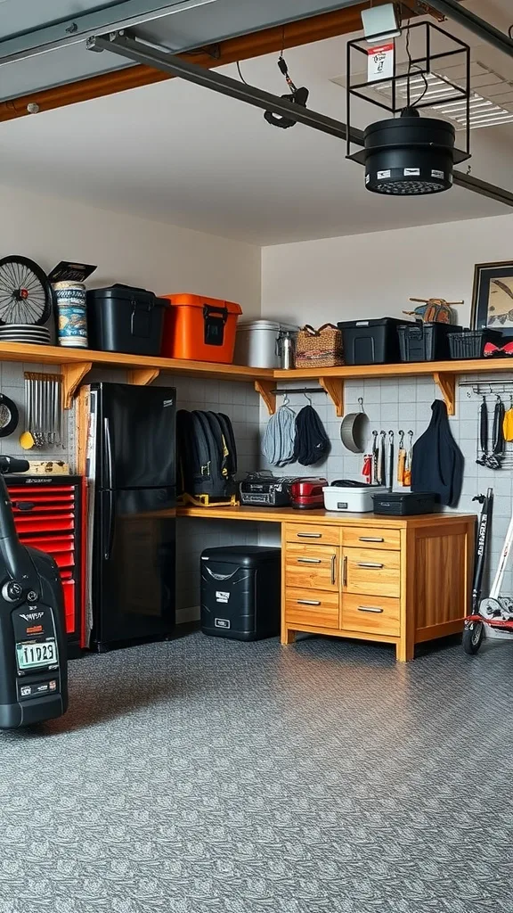 A modern garage with organized tools, stylish storage, and a sleek floor design.