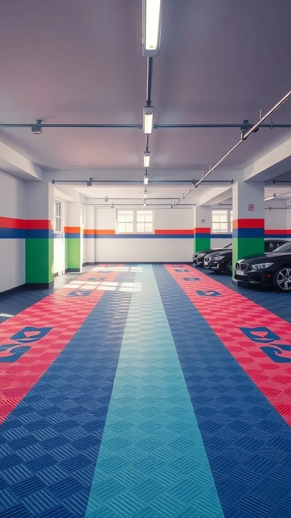 Colorful interlocking tiles create a vibrant garage floor design