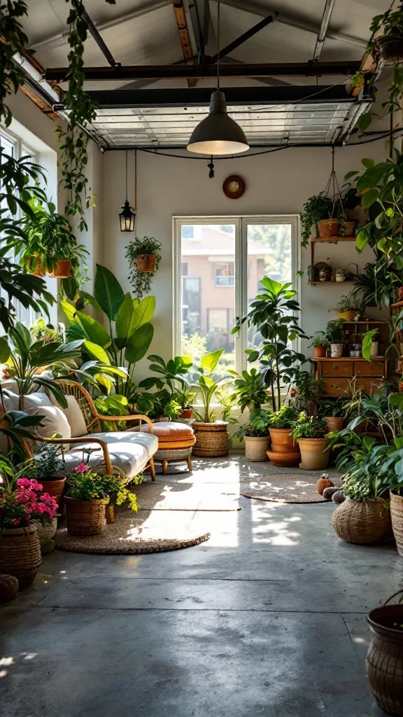 Indoor garden space with plants and seating in a garage conversion