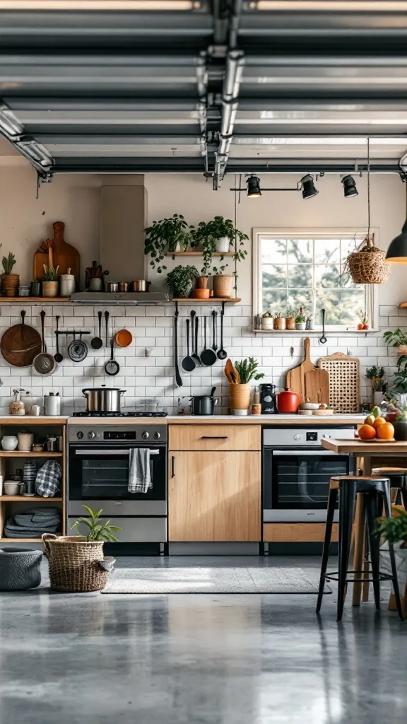 A stylish garage kitchenette with wooden cabinets, pots, and plants, creating an inviting atmosphere.