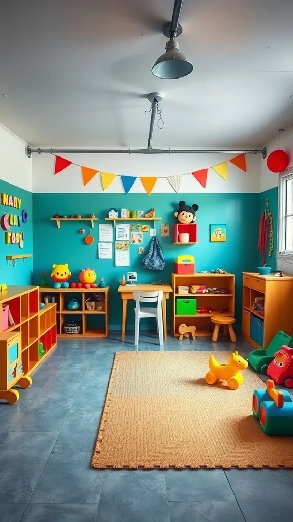 A colorful playroom for kids with toys, a desk, and cheerful decorations.