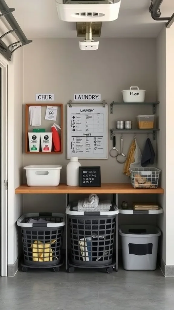 Organized laundry area with labeled bins and shelves for sorting laundry tasks.