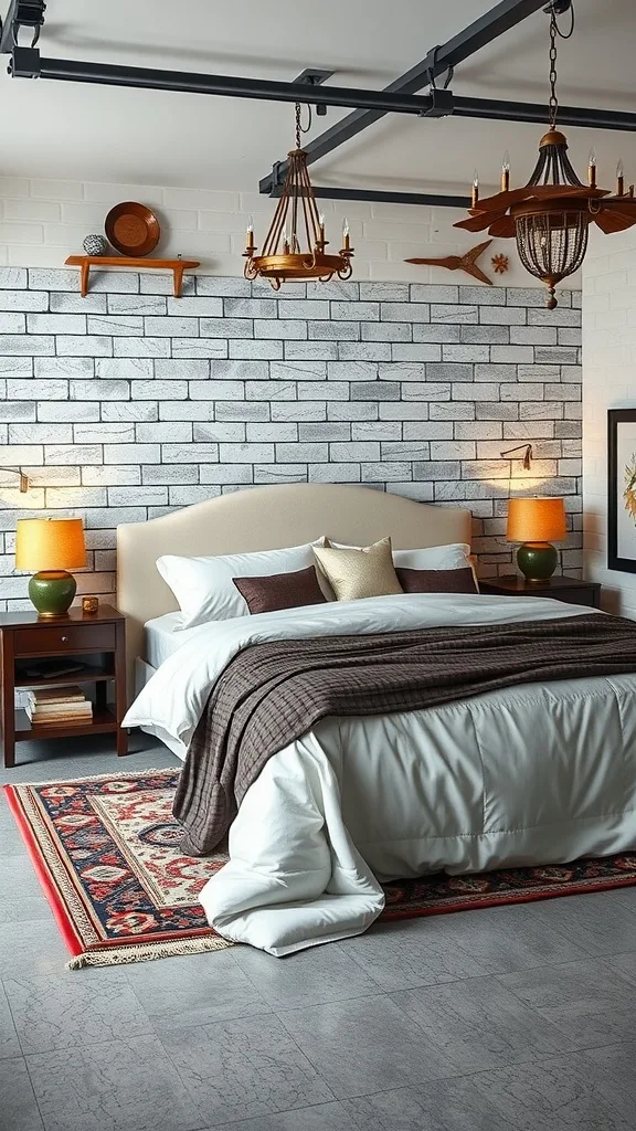 A stylish bedroom featuring luxurious bedding, soft pillows, and decorative elements, all set against a light brick wall.