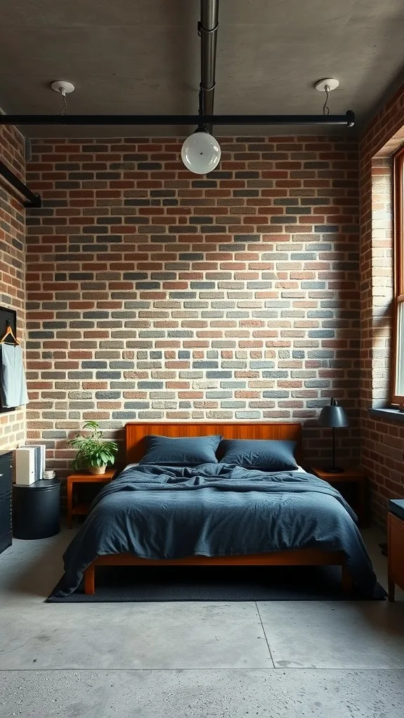 A minimalist industrial bedroom featuring a wooden bed, exposed brick walls, and a polished concrete floor.