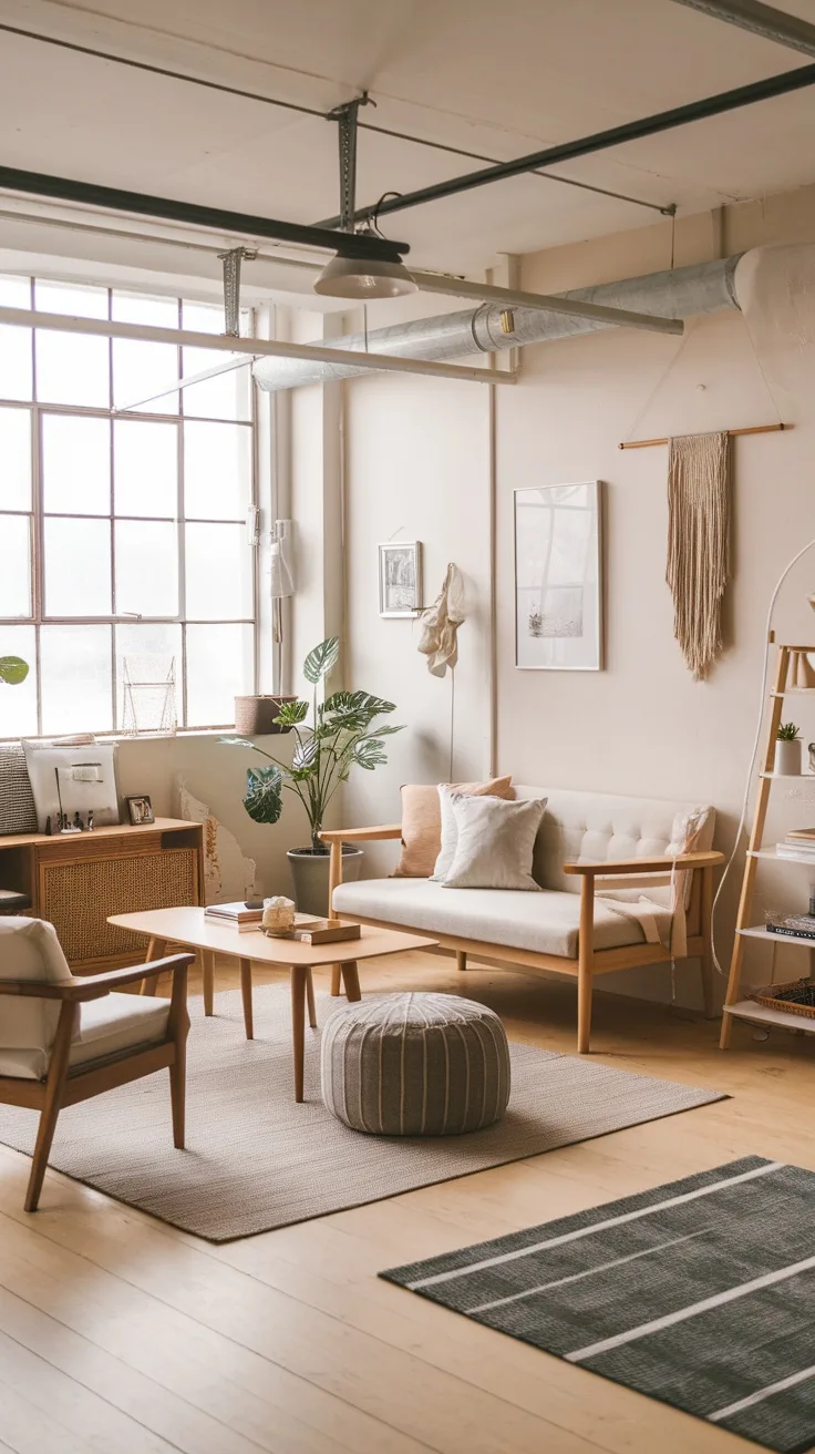 A minimalist Scandinavian design in a garage loft apartment featuring a cozy living area with neutral colors, wooden furniture, and plants.