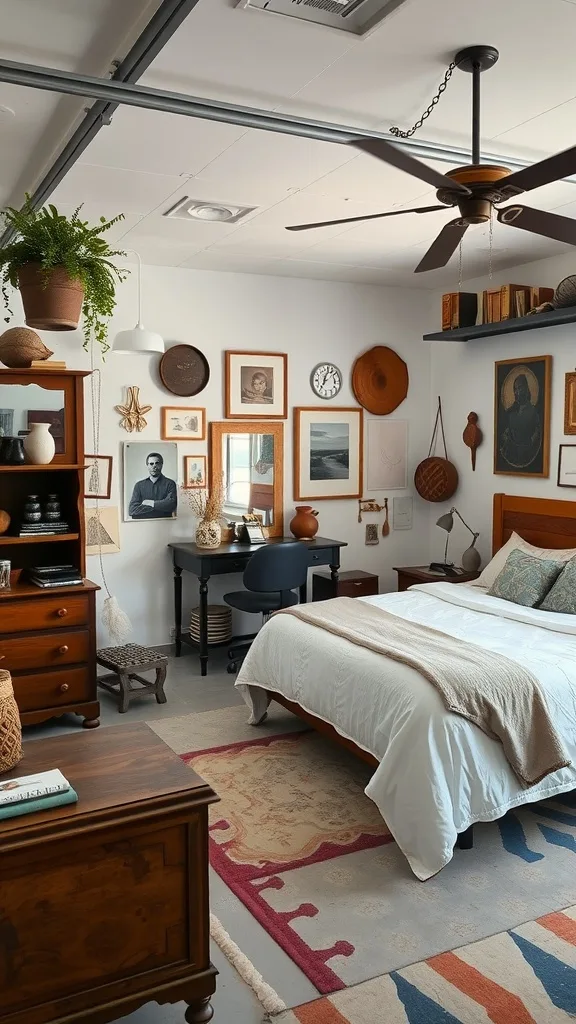 A garage bedroom featuring a mix of modern and antique furniture, including a cozy bed, wooden dresser, and eclectic wall art.