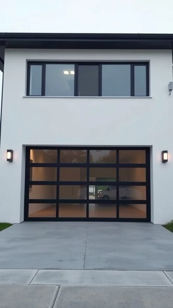 Modern minimalist garage facade with sleek lines and large glass doors.