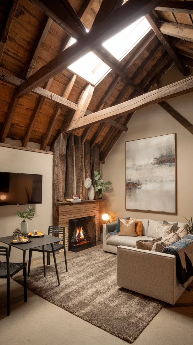 A cozy modern rustic living area with wooden beams, a fireplace, and comfortable furniture.