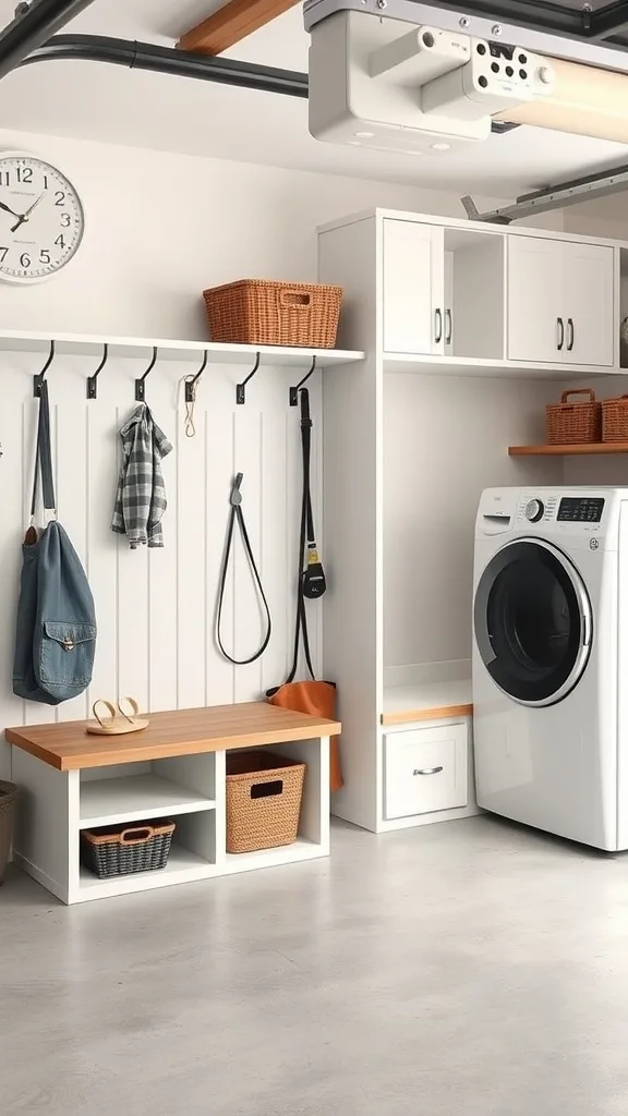 A well-organized mudroom and laundry area with hooks, baskets, and a washing machine.