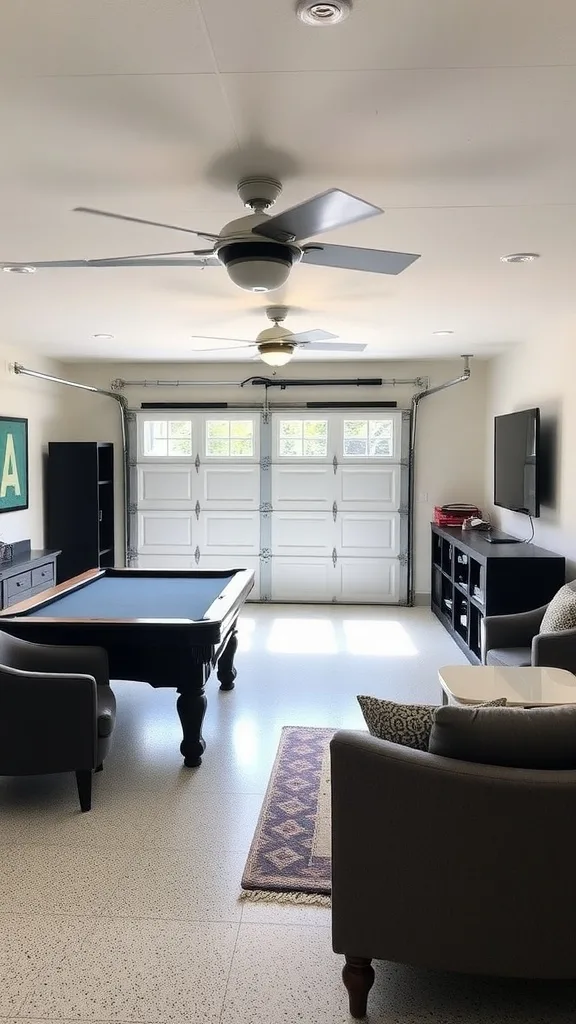 A converted garage featuring a pool table and cozy seating area.