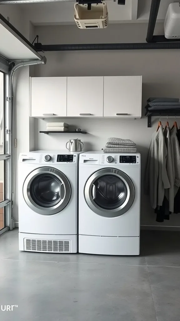 A modern laundry station with a washing machine, dryer, overhead cabinets, and neatly folded towels.