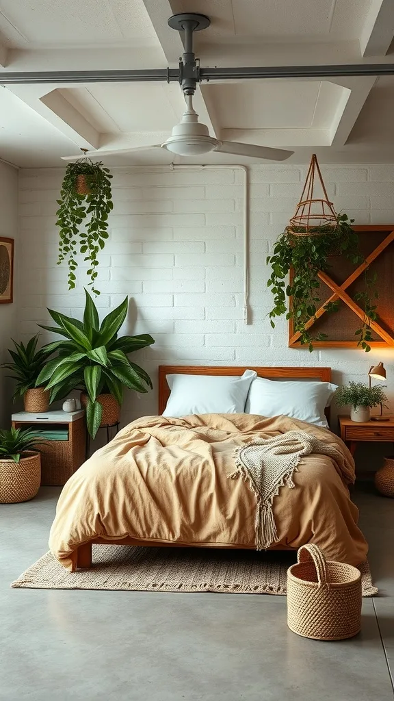 A cozy garage bedroom with nature-inspired decor featuring plants, a wooden bed, and natural textures.