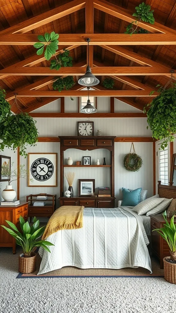 A cozy bedroom with wooden beams, hanging plants, and a warm color palette.