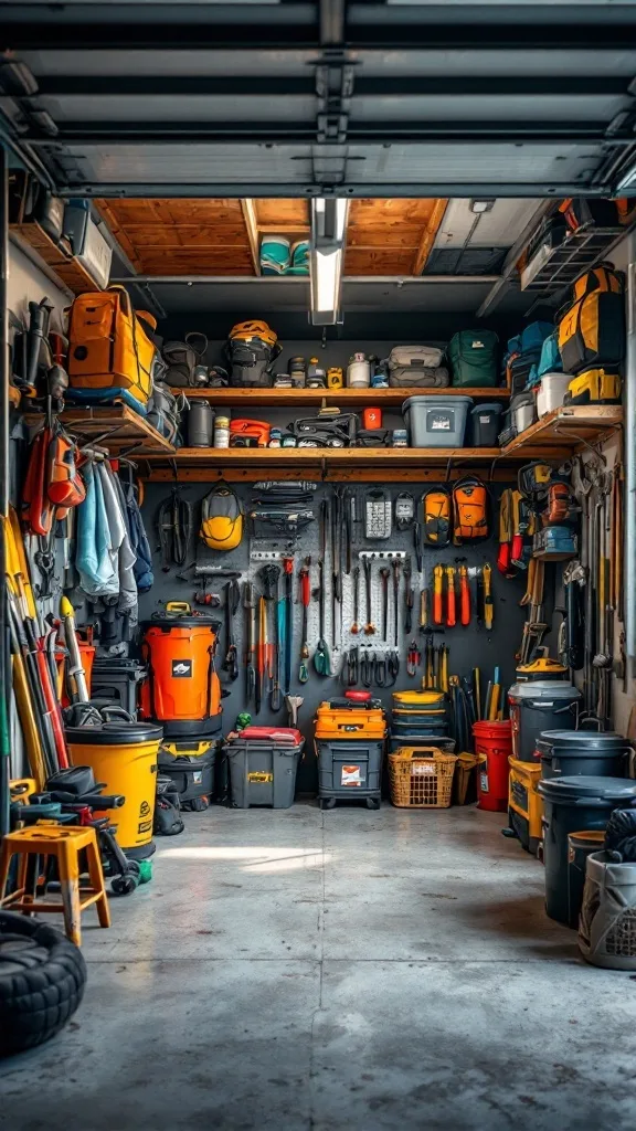 A well-organized garage with various tools, storage bins, and outdoor gear.