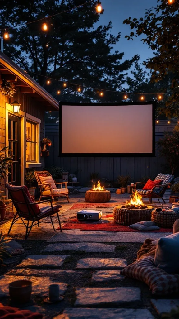 Outdoor movie night setup with a projector, screen, and cozy seating around a fire.