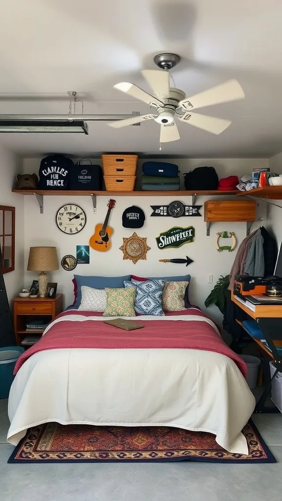 A cozy garage bedroom featuring colorful bedding, personal decorations, and a comfortable atmosphere.