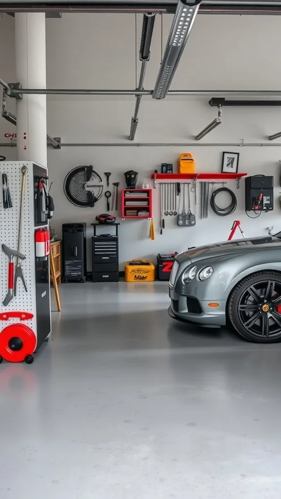 A modern garage with polished concrete floor, sleek car, and organized tools.