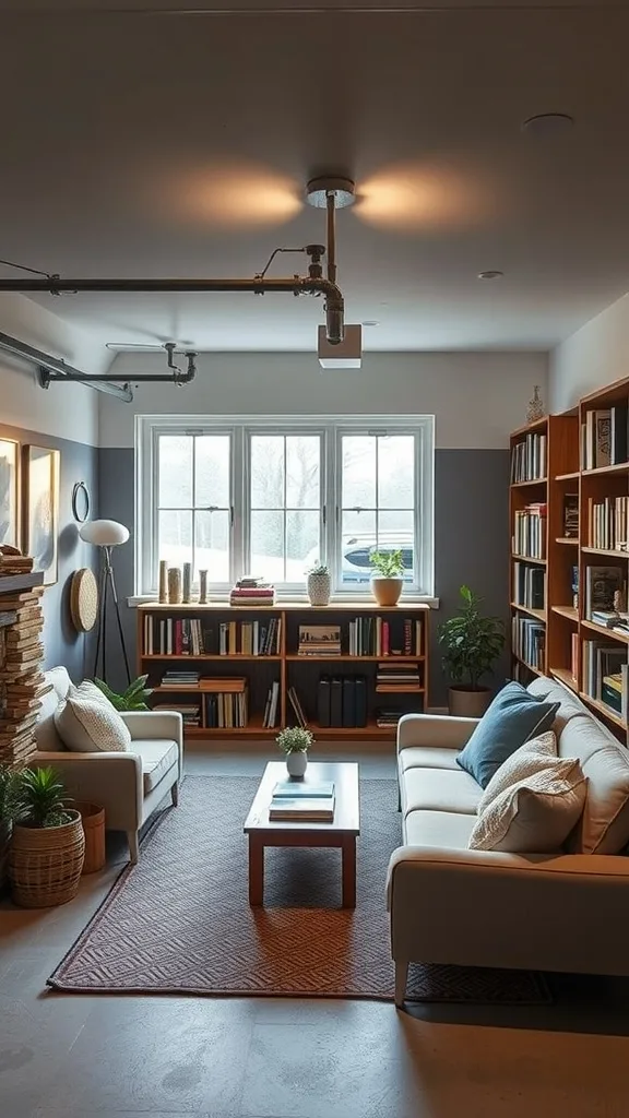 Cozy reading nook in a converted garage with seating, shelves, and plants.