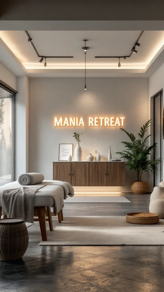 A serene spa retreat with a massage table, soft lighting, and calming decor.