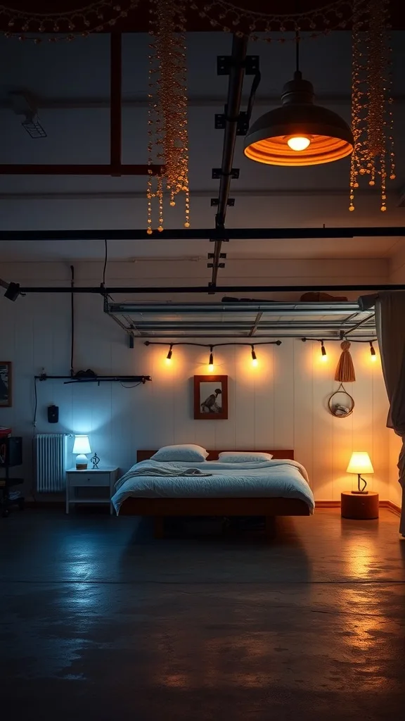 A romantic garage bedroom with various lighting fixtures creating a cozy atmosphere.