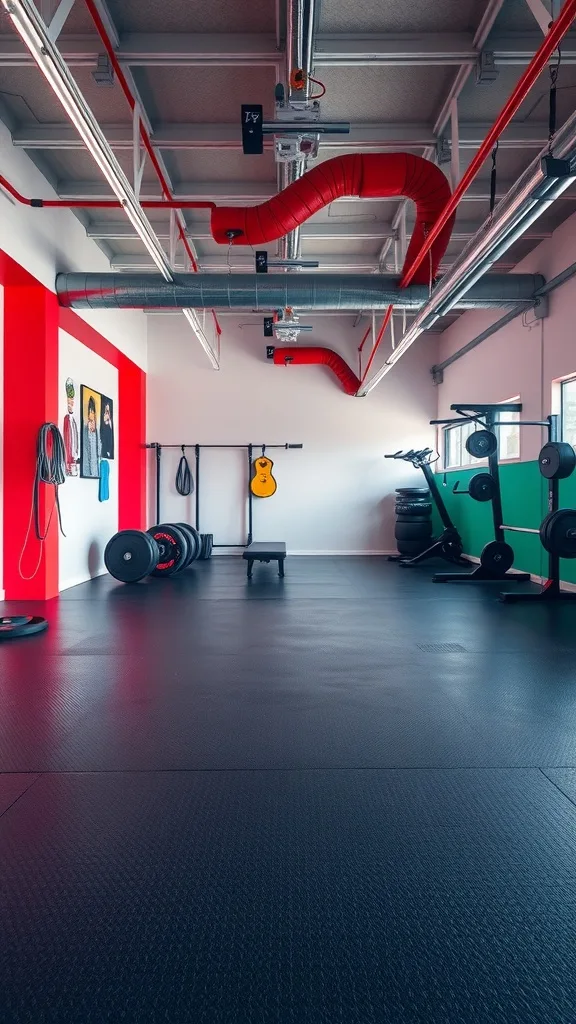 A modern garage with rubber flooring and exercise equipment