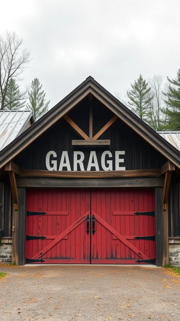 A rustic barn style garage with red doors and dark wooden exterior