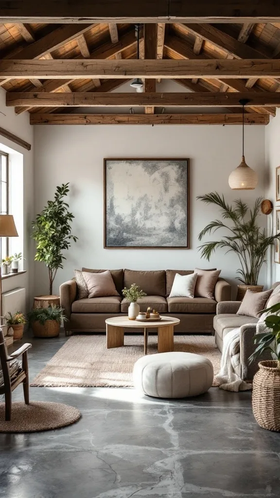 A cozy rustic farmhouse style lounge with soft sofas, wooden beams, and plants.