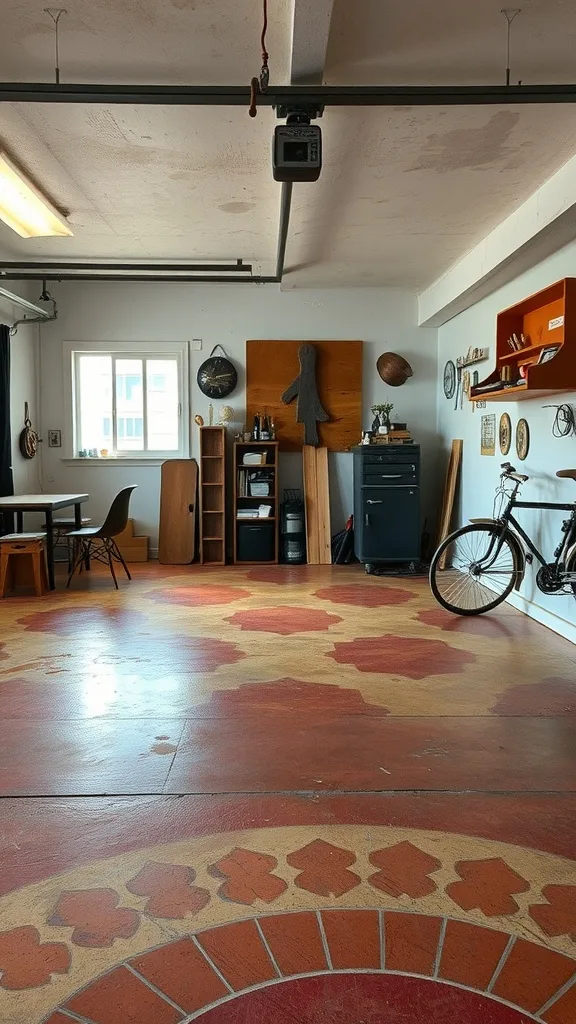 Interior of a garage with rustic stained concrete flooring, featuring warm tones and a cozy setup.