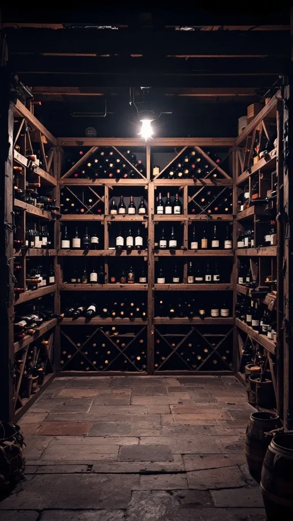 A rustic wine cellar with wooden shelves filled with wine bottles.