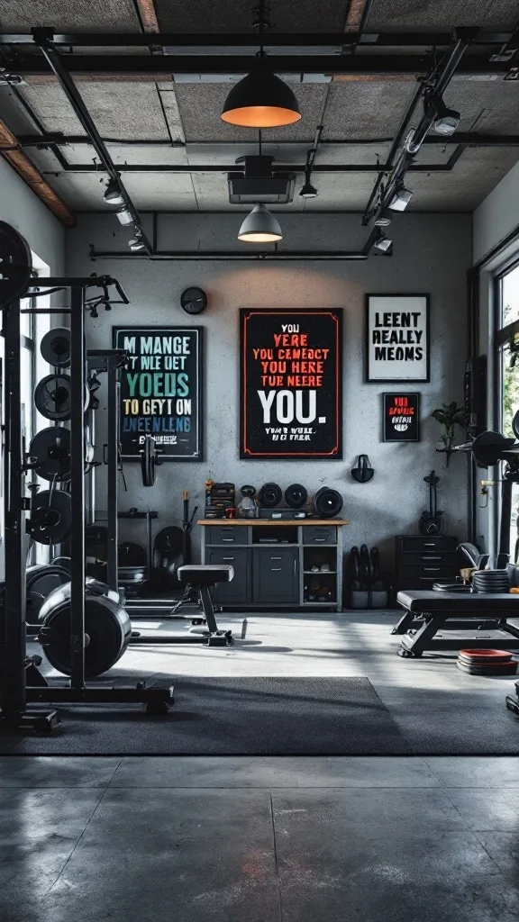 Interior of a modern home gym with workout equipment and motivational posters.