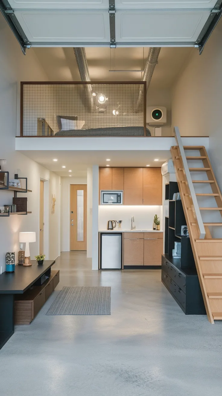 Interior of a modern garage loft apartment featuring a kitchenette, living space, and a lofted sleeping area.