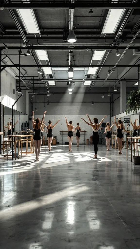 A spacious dance studio with dancers practicing