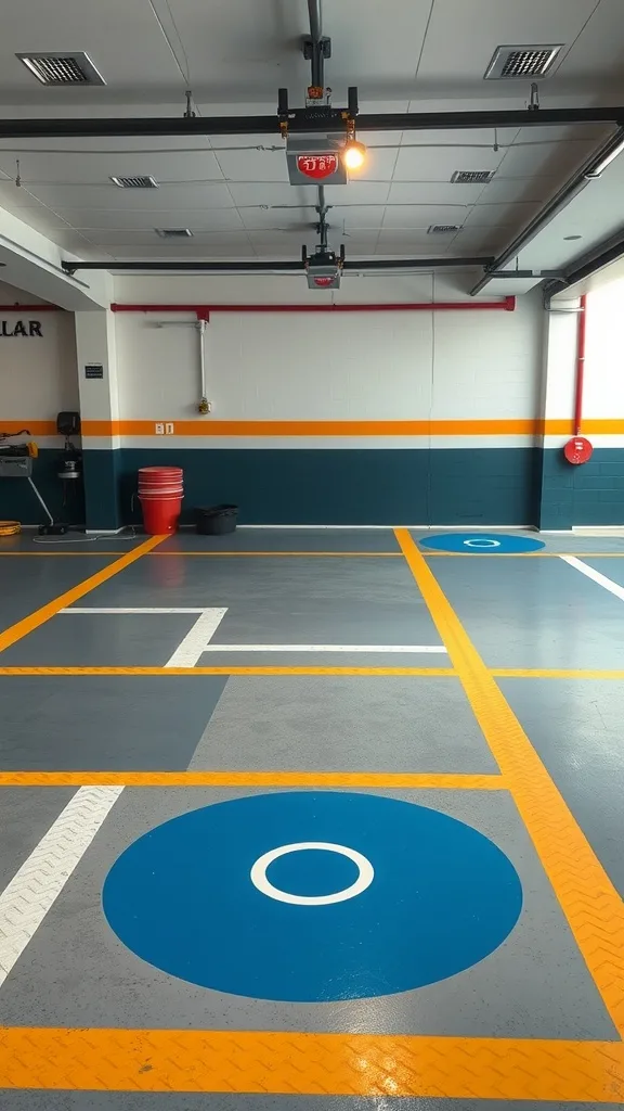 A garage floor featuring stenciled patterns in blue and yellow.