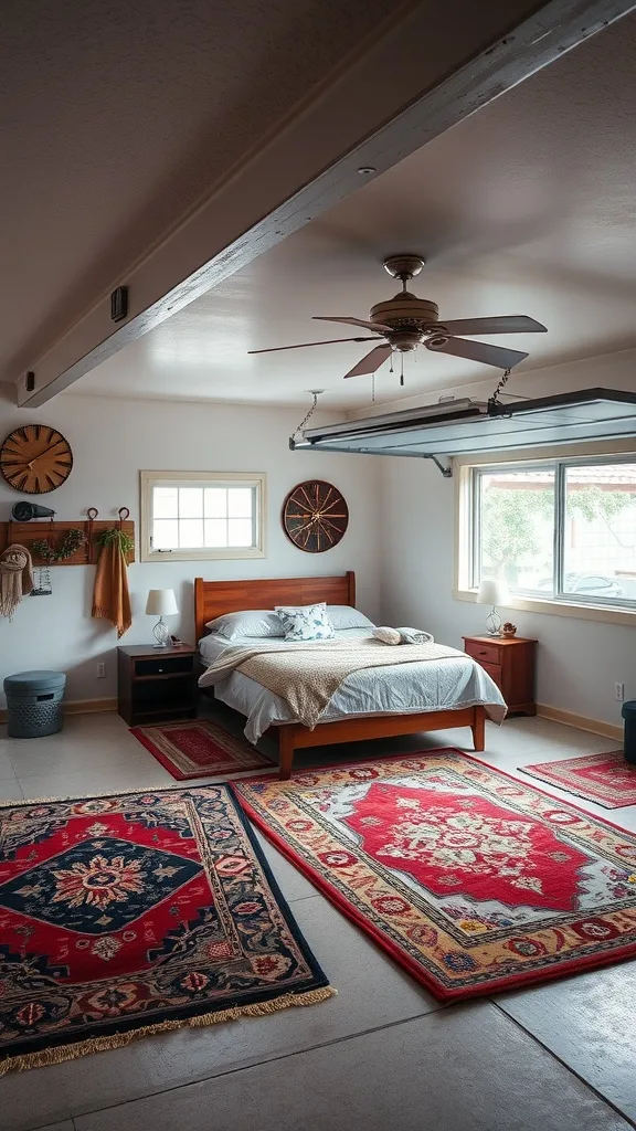 A stylish garage bedroom featuring layered area rugs in red and blue designs, a bed with soft linens, and natural light coming through the windows.