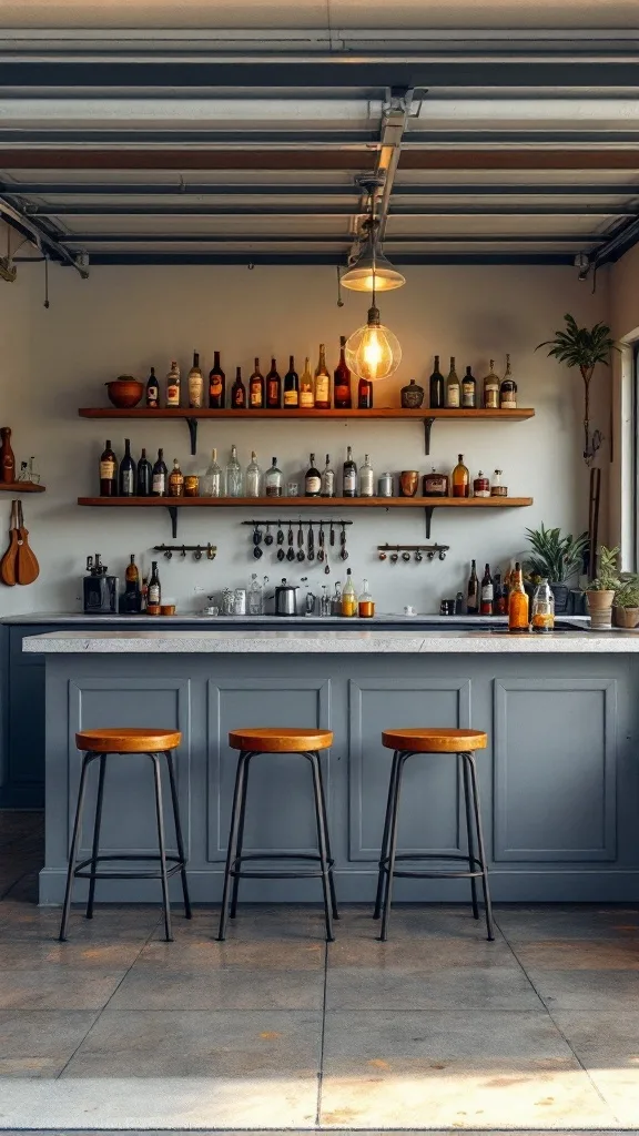 A stylish bar area with a shelf of bottles and modern bar stools.